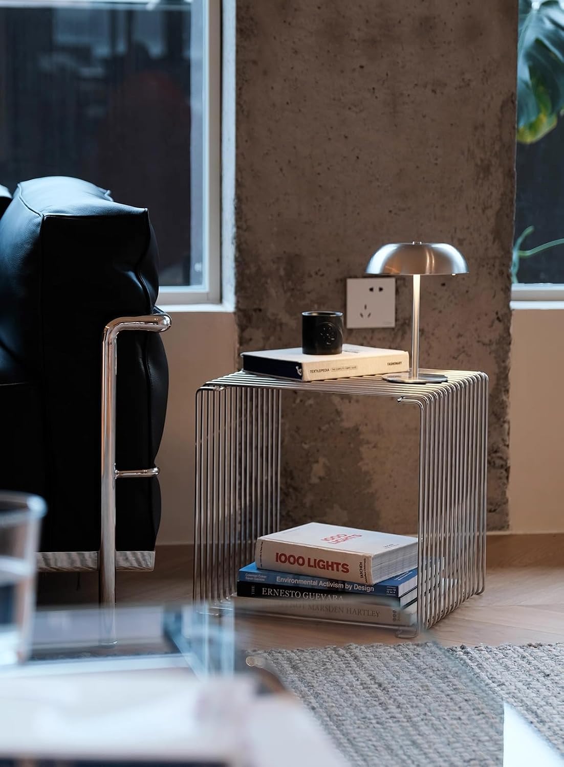 304 Stainless Steel Side Table,Square Geometry Retro Side Table Linear Metal End Table,Wire Cube Storage Rack, Book Stackable, Stainless Steel Coffee Table，Multi-Purpose Accent Table
