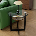 LEEMTORIG Round Glass End Table for Living Room, 23.8" Dia. x 24.4" H Modern Circle End Table with 8mm Thickened Tempered Glass, 2-Tier Side Table with Unique Wood Shelf, Black Metal Frame, CJZ-B2616