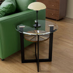 LEEMTORIG Round Glass End Table for Living Room, 23.8" Dia. x 24.4" H Modern Circle End Table with 8mm Thickened Tempered Glass, 2-Tier Side Table with Unique Wood Shelf, Black Metal Frame, CJZ-B2616