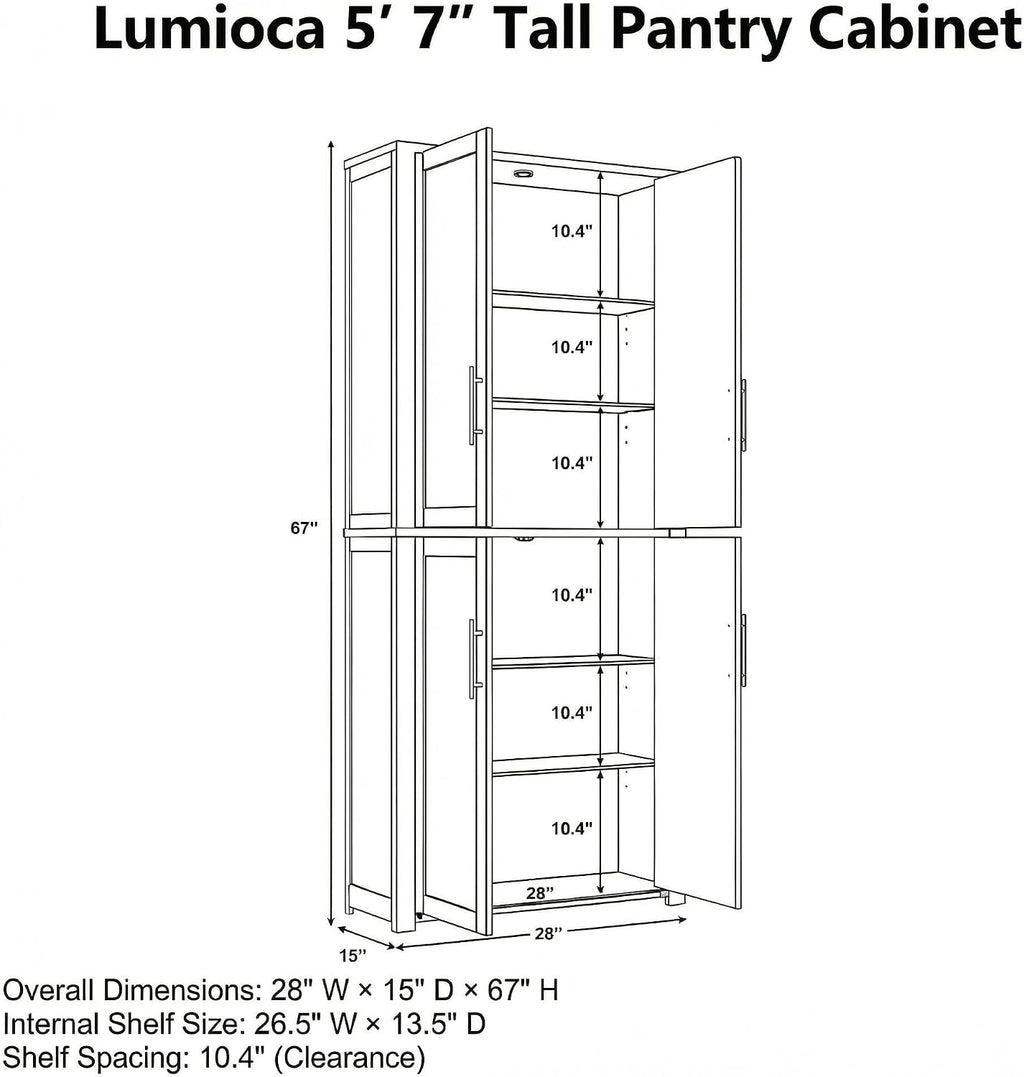 67" Kitchen Pantry Cabinet, 28"W Storage Cabinet for Kitchen, Living Room | 67" x 28" x 15" size, 4 adjustable shelves, engineered wood, anti-tip compatible, Shaker doors, White