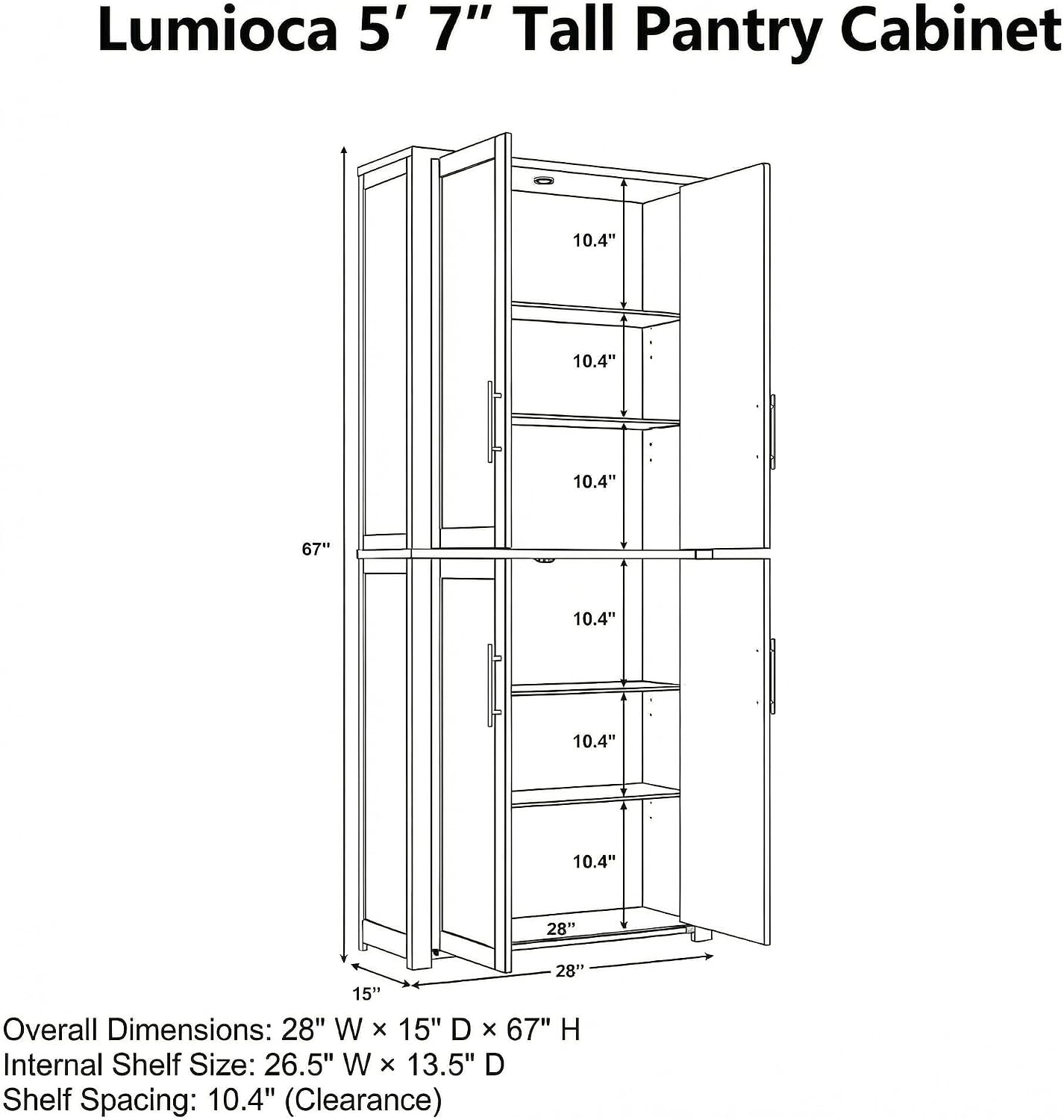 67" Kitchen Pantry Cabinet, 28"W Storage Cabinet for Kitchen, Living Room | 67" x 28" x 15" size, 4 adjustable shelves, engineered wood, anti-tip compatible, Shaker doors, White