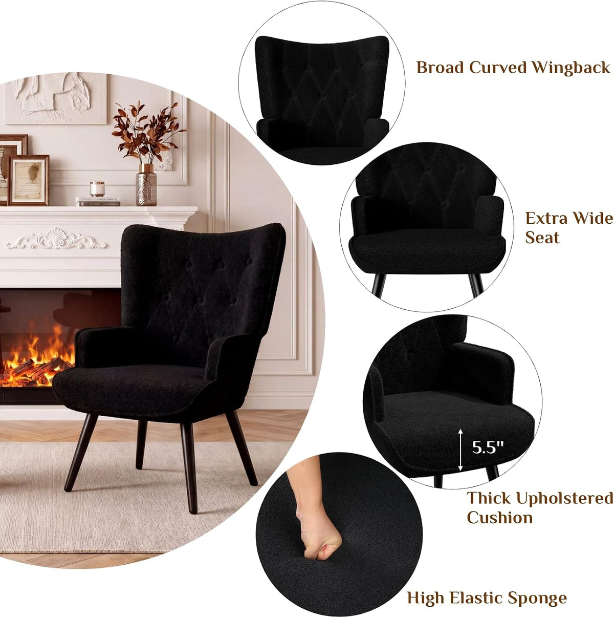 TLSUNNY Accent Chair, Upholstered Teddy Fabric Living Room Chairs | High Back Mid Century Modern Accent Chair, Comfy Wingback Chair for Living Room, Bedroom