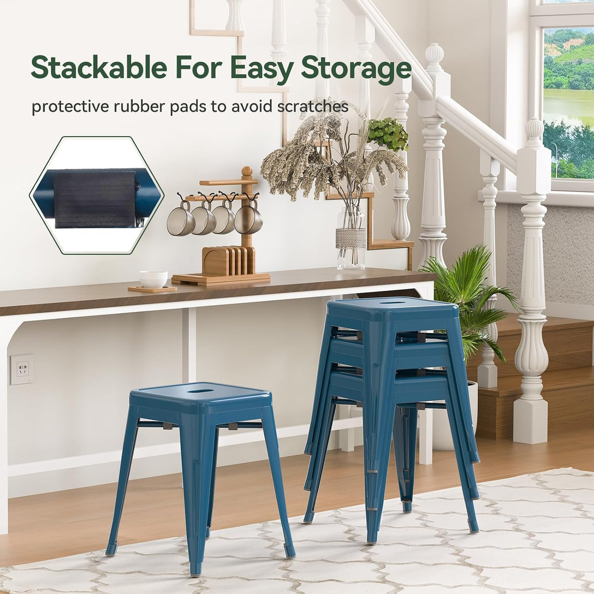18'' Industrial Metal Stools Set of 2, Stackable Indoor Outdoor, Deep Blue | No Assembly, Waterproof & Rustproof, Easy to Move, Backless, Space-Saving, Stable Design for Classroom Kitchen Dining Patio