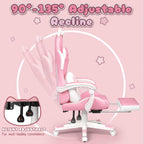 PUKAMI Pink Gaming Chair Cute with Cat Ears and Cat Paw Lumbar Cushion, Ergonomic Computer Chair for Girl with Footrest and Headrest, Comfortable Reclining PC Game Chair for Adult, Teen (Pink)