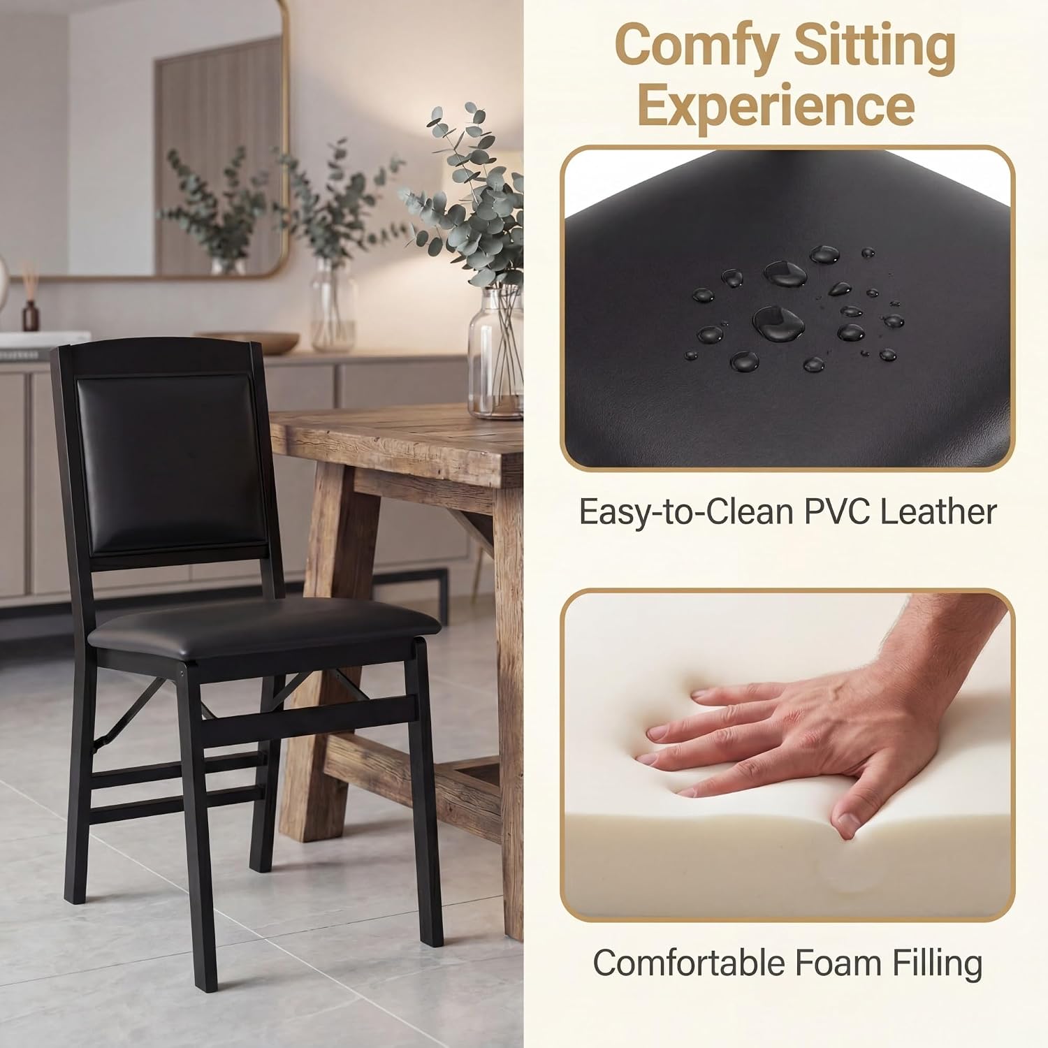 GOFLAME Folding Dining Chairs Set of 2, Faux Leather Upholstered Kitchen Chairs with Padded Seat and Backrest, Solid Wood Foldable Chairs for Living Room, Dining Room, Restaurant, Black