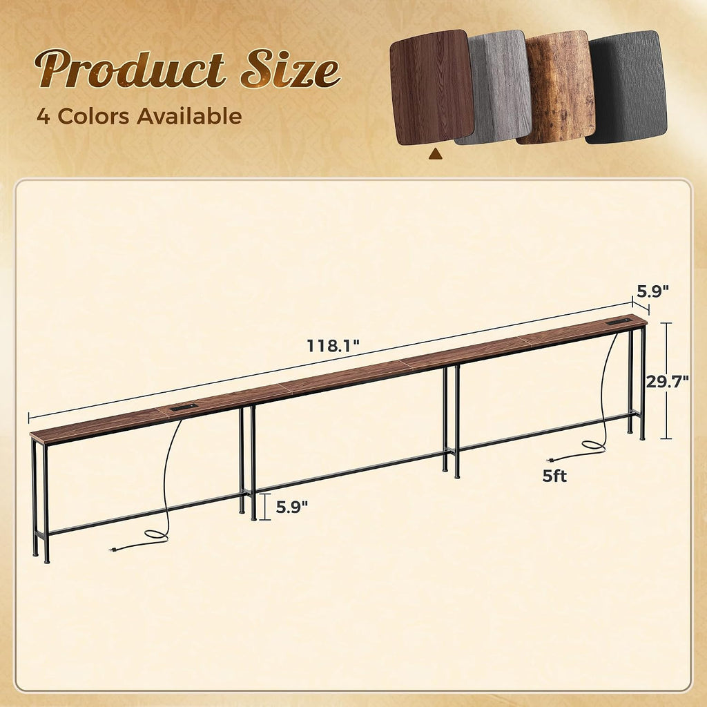 Huuger 118 Inch Sofa Table with Power Outlets, Skinny Behind Couch Table | 5.9 Inch Narrow Entryway Table, Extra-Long Console Table, Behind the Couch Table with Outlet for Living Room, Dark Walnut