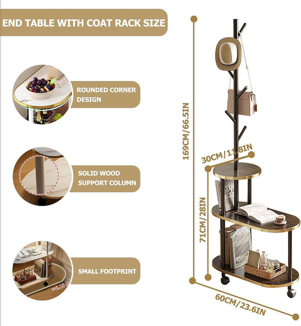 End Table with Coat Rack 3-Tier Couch Side Table with Storage for Small Space Rolling Bedside Tables for Living Room Bedroom 60x30x169CM (Brown)