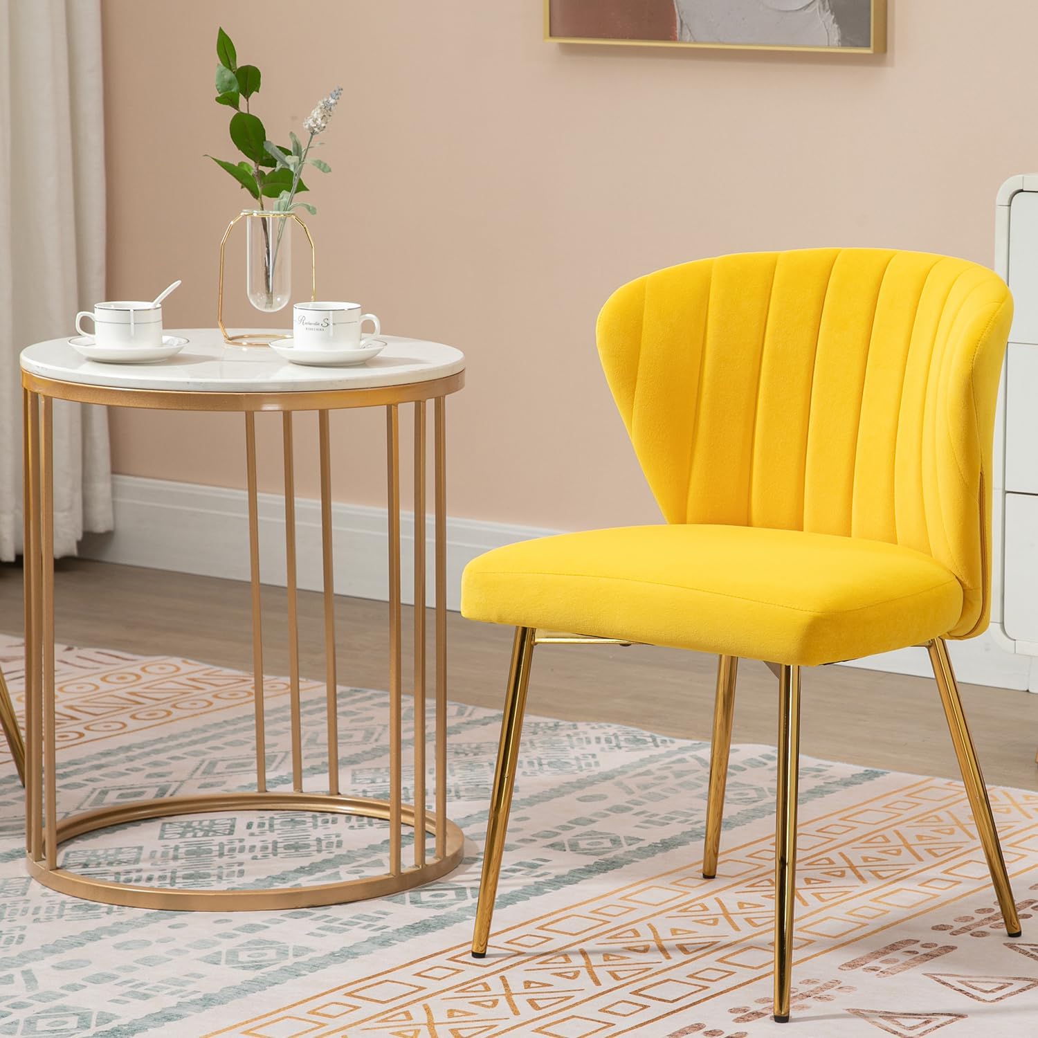 Velvet Dining Chairs Set of 2, Modern Upholstered Vanity Chairs with Golden Metal Legs for Dining Room Kitchen Vanity Patio (Yellow)