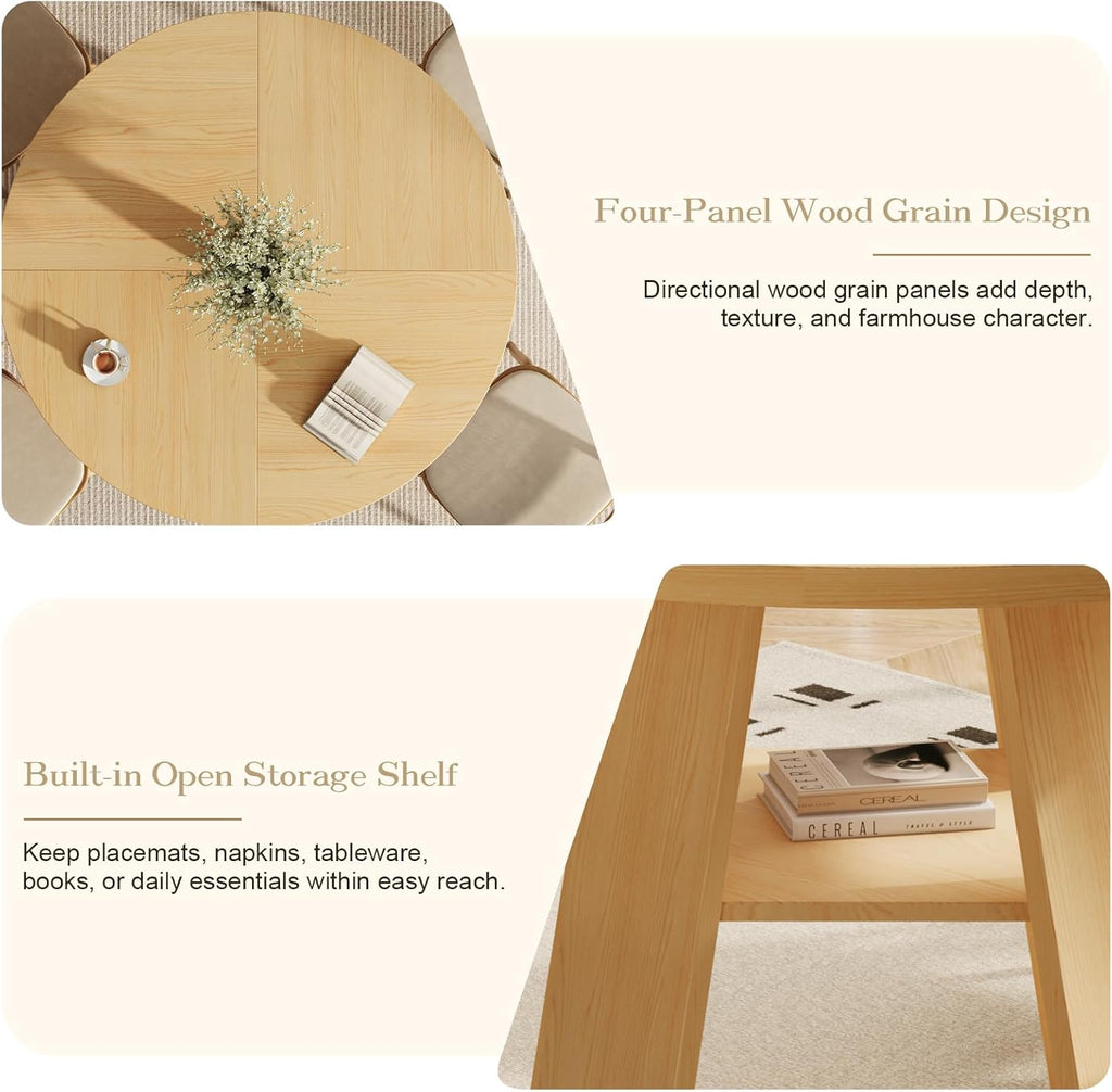 47.2" Round Dining Table for 4-6, Circle Kitchen Table with Open Storage Shelf, Farmhouse Dinner Table with Cross Pedestal Base for Dining Room, Kitchen, Living Room, Burlywood