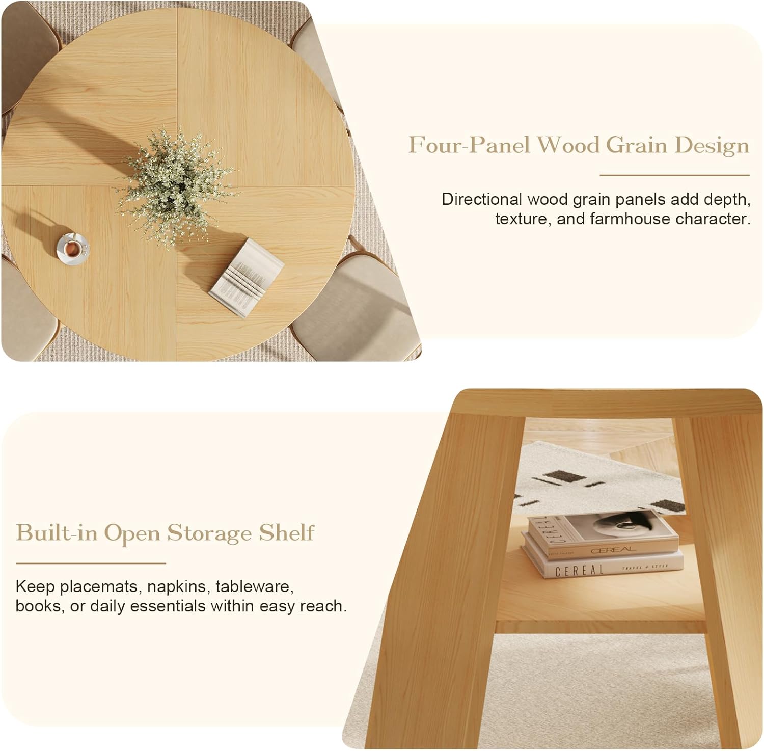 47.2" Round Dining Table for 4-6, Circle Kitchen Table with Open Storage Shelf, Farmhouse Dinner Table with Cross Pedestal Base for Dining Room, Kitchen, Living Room, Burlywood