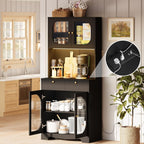 72" Black Kitchen Pantry Cabinet with Lights and Charging Station, Tall Hutch Storage Cabinet Coffee Bar Cabinet with Microwave Shelf for Dining Room
