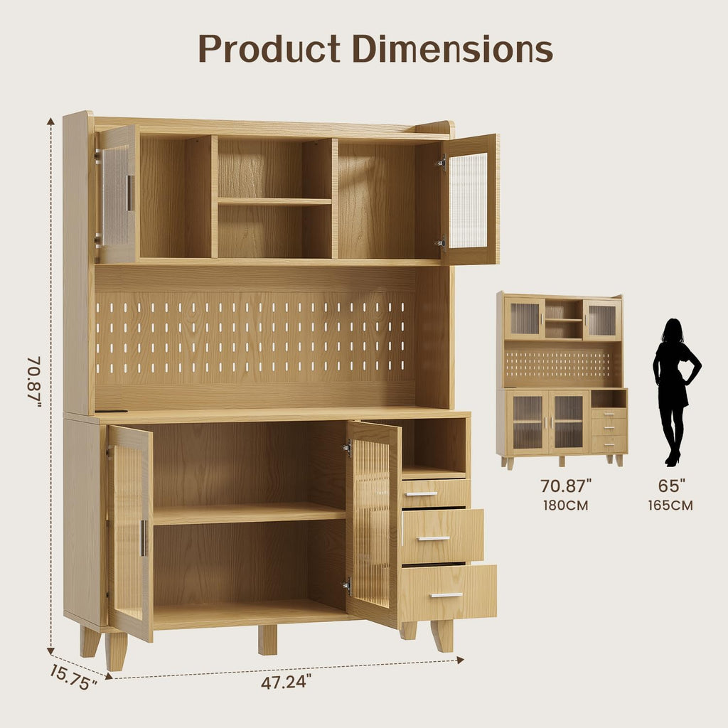 71" Tall Kitchen Pantry Cabinet with Remote LED Light & Charging Station, Farmhouse Freestanding Kitchen Storage Hutch with 3 Drawers, 6 Pegboard Hooks, Open Countertop and Shelves, Natural