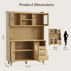 71" Tall Kitchen Pantry Cabinet with Remote LED Light & Charging Station, Farmhouse Freestanding Kitchen Storage Hutch with 3 Drawers, 6 Pegboard Hooks, Open Countertop and Shelves, Natural
