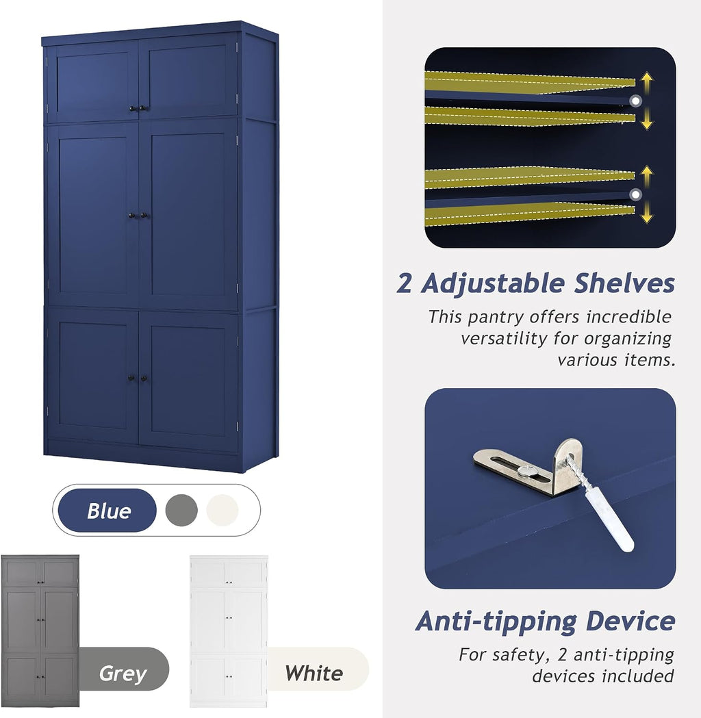JIJIWANG 70.9" H Farmhouse Freestanding Kitchen Pantry Storage Cabinet with Drawers and Shelves, Buffet with 8 Pull-Out Trays and 4 Doors Blue
