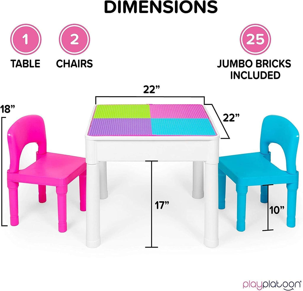 Play Platoon Kids Activity Table Set, Pastel, Building Brick Table | 2 Chairs & Jumbo Bricks Included, Compatible with All Major Brands