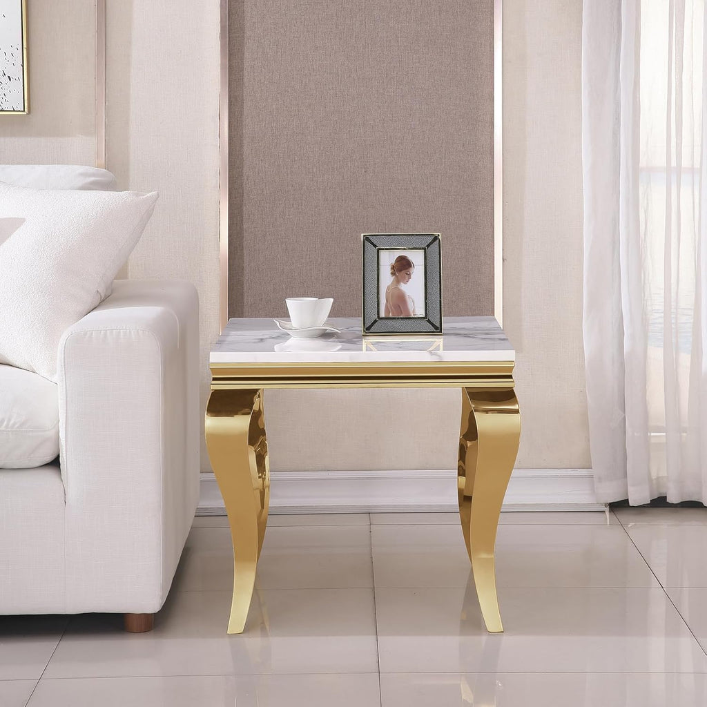 Marble End Table, Modern White Faux Marble Sofa Side Table with Gold Stainless Steel Legs, Luxury Sqaure Accent Side Table Bedside Table Nightstand for Living Room Bedroom Office