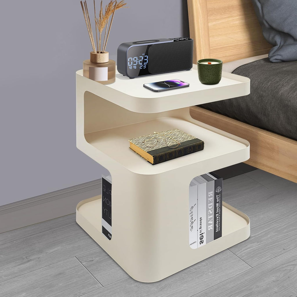 3 Tier Minimalist End Table Modern Side Table with Storage, Freestanding Metal Nightstand for Bedroom, Living Room, Couch, Small Space, Open Design (Cream)