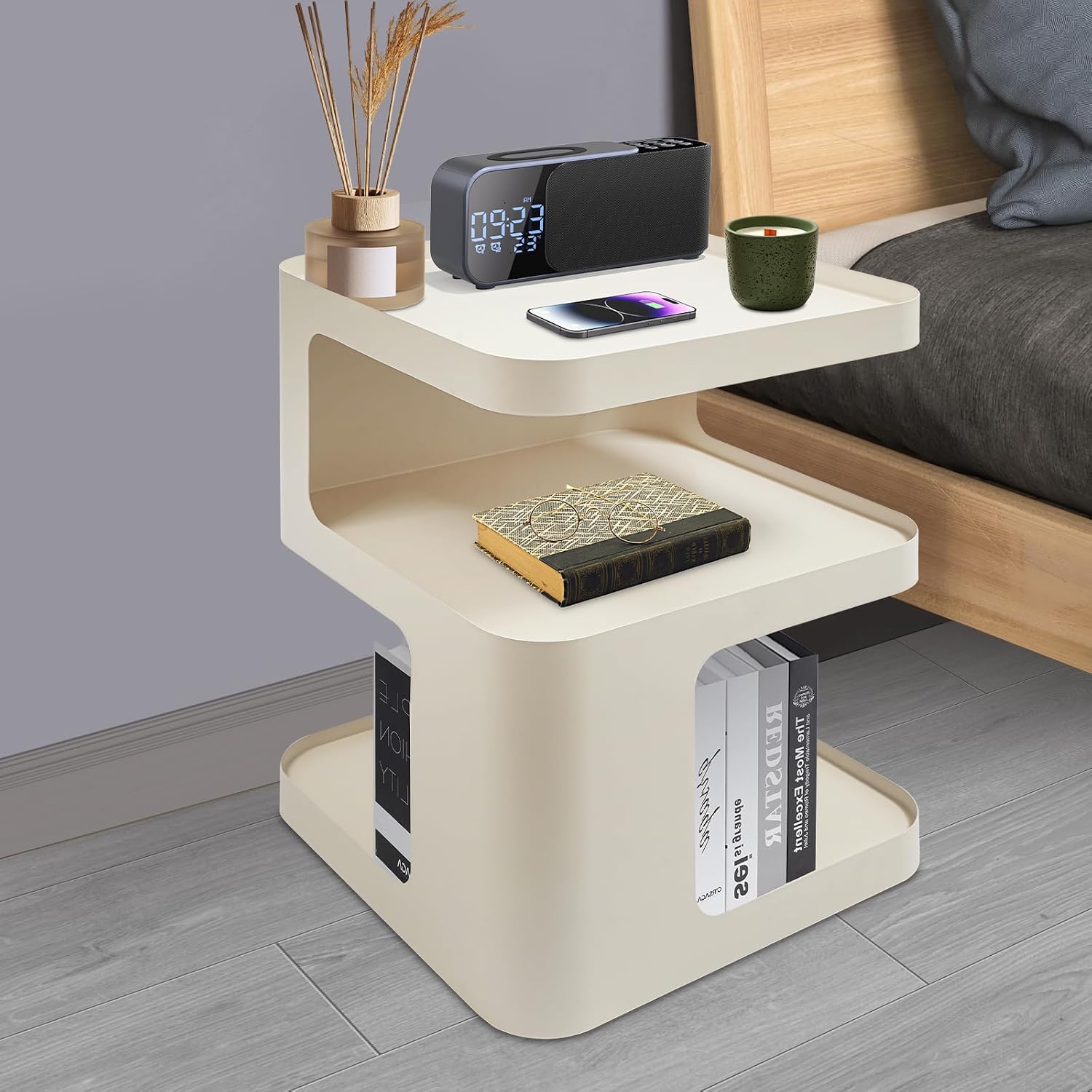 3 Tier Minimalist End Table Modern Side Table with Storage, Freestanding Metal Nightstand for Bedroom, Living Room, Couch, Small Space, Open Design (Cream)