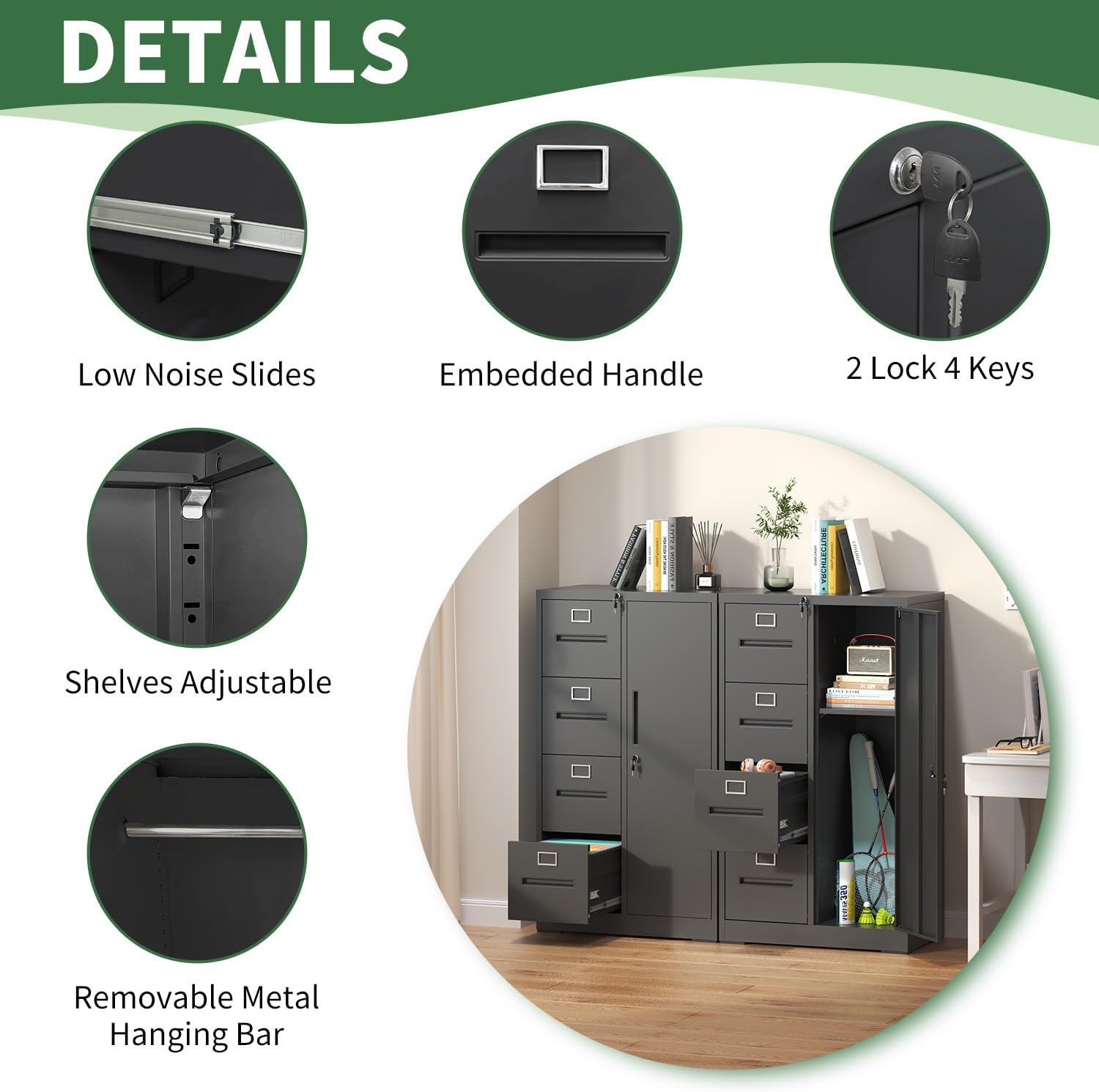 File Cabinet 4 Drawer, Vertical File Cabinet with Lock and 1 Door, File Cabinet with Storage Shelves for A4 Legal/Letter, Assembly Required (Black)