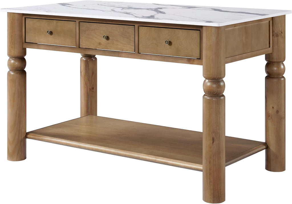 Christopher Knight Home Athen Wooden Kitchen Island with Storage & Marble-Look Tabletop, Island Table for Kitchen, Turned Ball Legs, Storage Cabinet with Drawers + Open Shelf, Walnut + White
