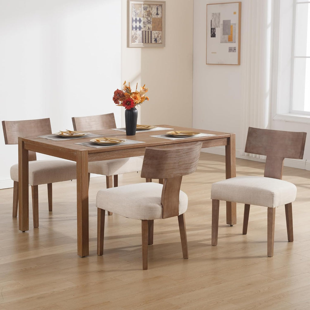 Farmhouse Dining Chairs Set of 6, Mid Century Modern Kitchen Chair Upholstered Natural Color Wooden Chairs with T-Shape Back, Armless Comfy Accent Chairs, Linen Beige