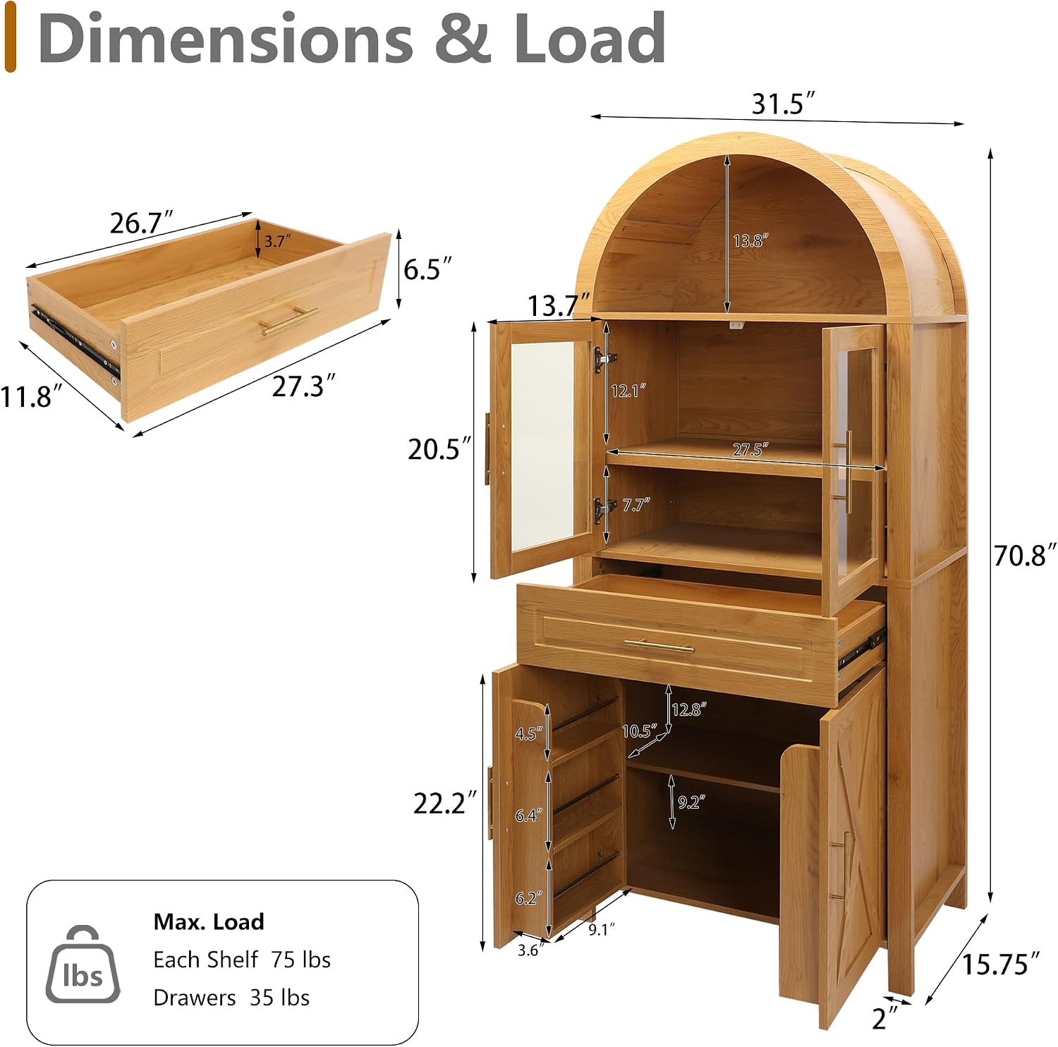 Polibi 71" Tall Arched Kitchen Pantry Cabinet with Glass Doors,Farmhouse Storage Cabinet with Adjustable Shelves & Barn Door Design,Large Freestanding Cupboard for Kitchen, Living, Dining Room,Oak
