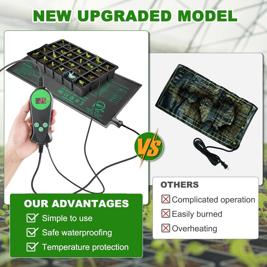 Seedling Heat Mat with Built-in Temperature Controller, 10" x 20.75" Waterproof Plant Heating Pad with Thermostat for Indoor Seed Starting Germination Hydroponics
