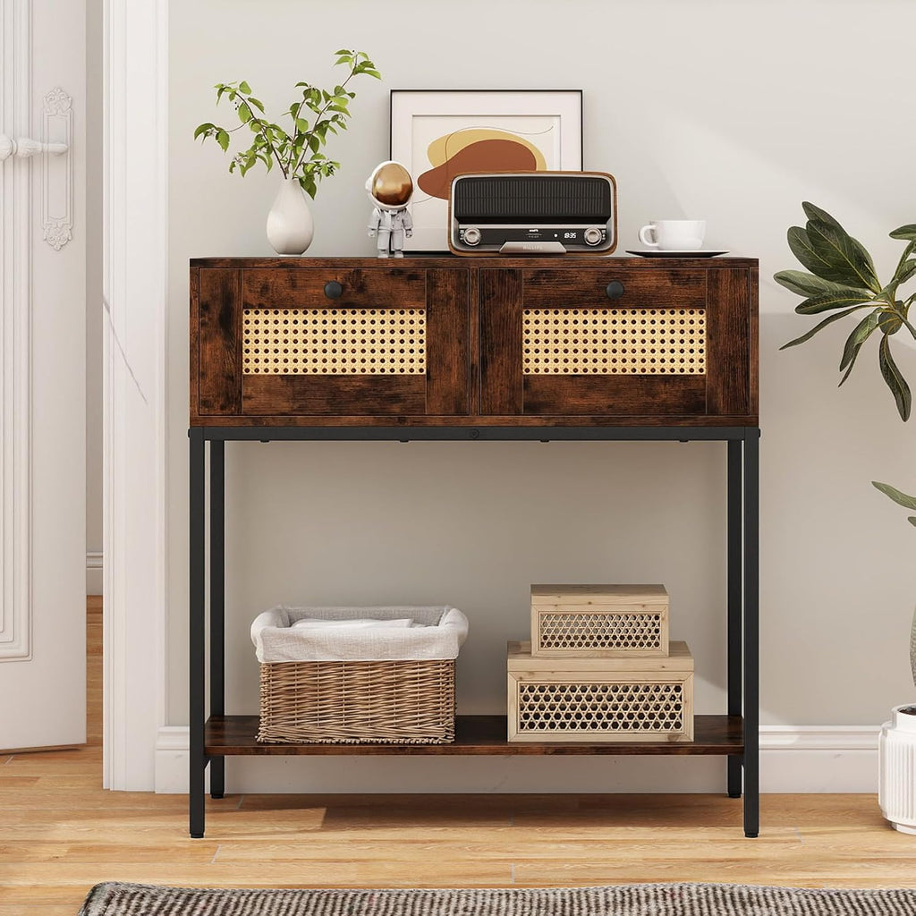 GOFLAME Rattan Console Table, Boho Entryway Table with 2 Drawers & Open Storage Shelf, Narrow Long Sofa Table with Metal Legs, Foyer Table Behind Couch Table for Living Room, Hallway, Rustic Brown
