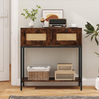 GOFLAME Rattan Console Table, Boho Entryway Table with 2 Drawers & Open Storage Shelf, Narrow Long Sofa Table with Metal Legs, Foyer Table Behind Couch Table for Living Room, Hallway, Rustic Brown