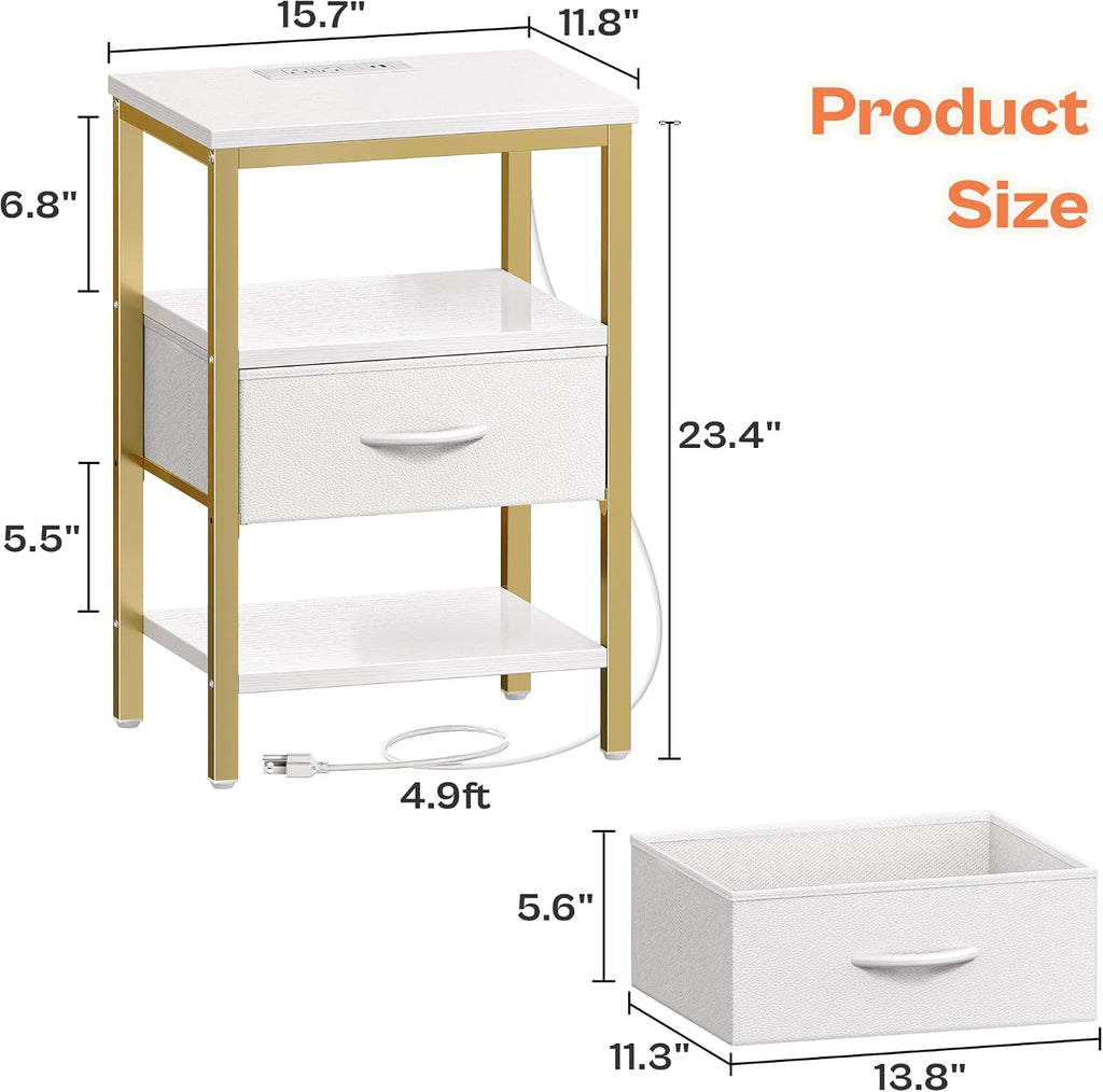 SUPERJARE Nightstand with Charging Station, Bed Side Table with Adjustable Fabric Drawer, Night Stand for Bedroom, 3-Tier Storage End Table, for Living Room, White and Gold