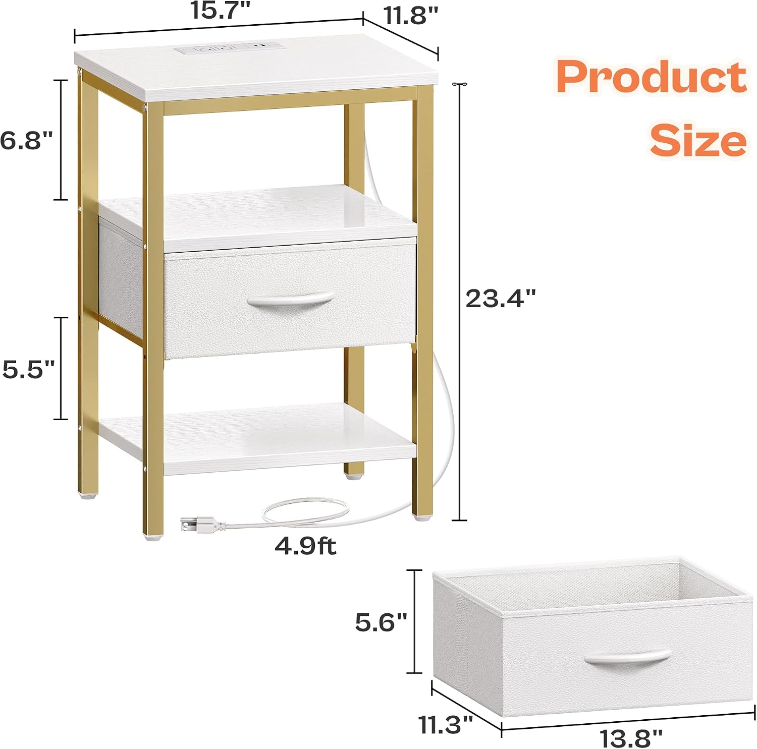 SUPERJARE Nightstand with Charging Station, Bed Side Table with Adjustable Fabric Drawer, Night Stand for Bedroom, 3-Tier Storage End Table, for Living Room, White and Gold