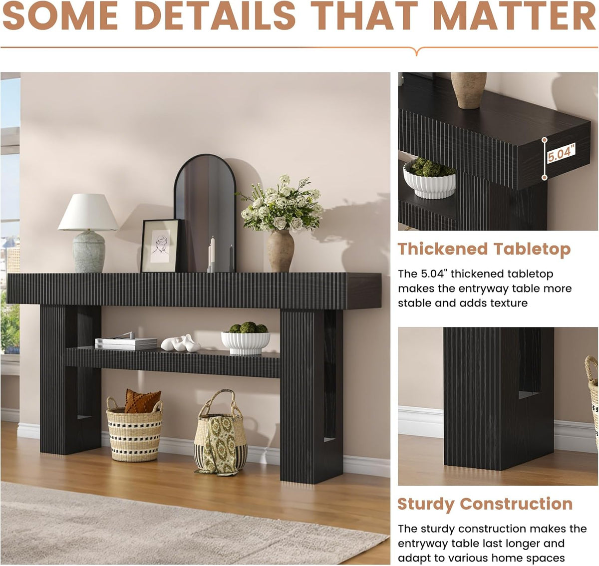 Bigbiglife 63" Fluted Console Table, Black | 2-Tier with Storage Shelves, Narrow Long Wood Design, For Entryway, Living Room, Hallway, Behind Couch or Sofa Table