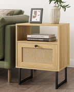 Masupu Extra Large Rattan Nightstand,Modern Boho Farmhouse Wood Bedside Table with Storage Drawer and Open Shelf, Black Frame Side End Table for Bedroom,Living Room,Office (Natural)