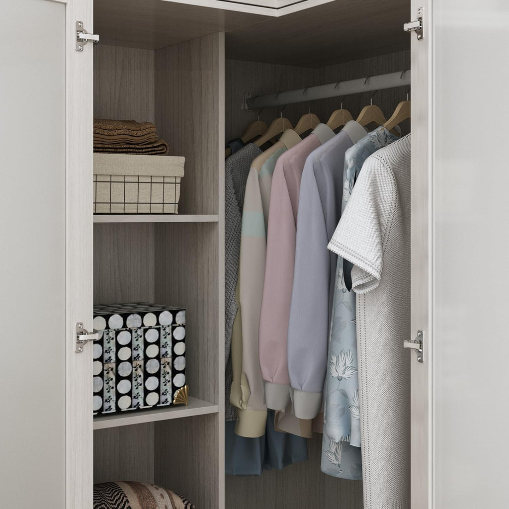 MOUMON Tall Corner Wardrobe, L-Shaped Modern Bedroom Armoires with Frosted Glass Doors and Hanging Rod, Corner Armoire Closet for Clothes Storage, Wood Grain 35.4" W x 35.4" D x 86.6" H