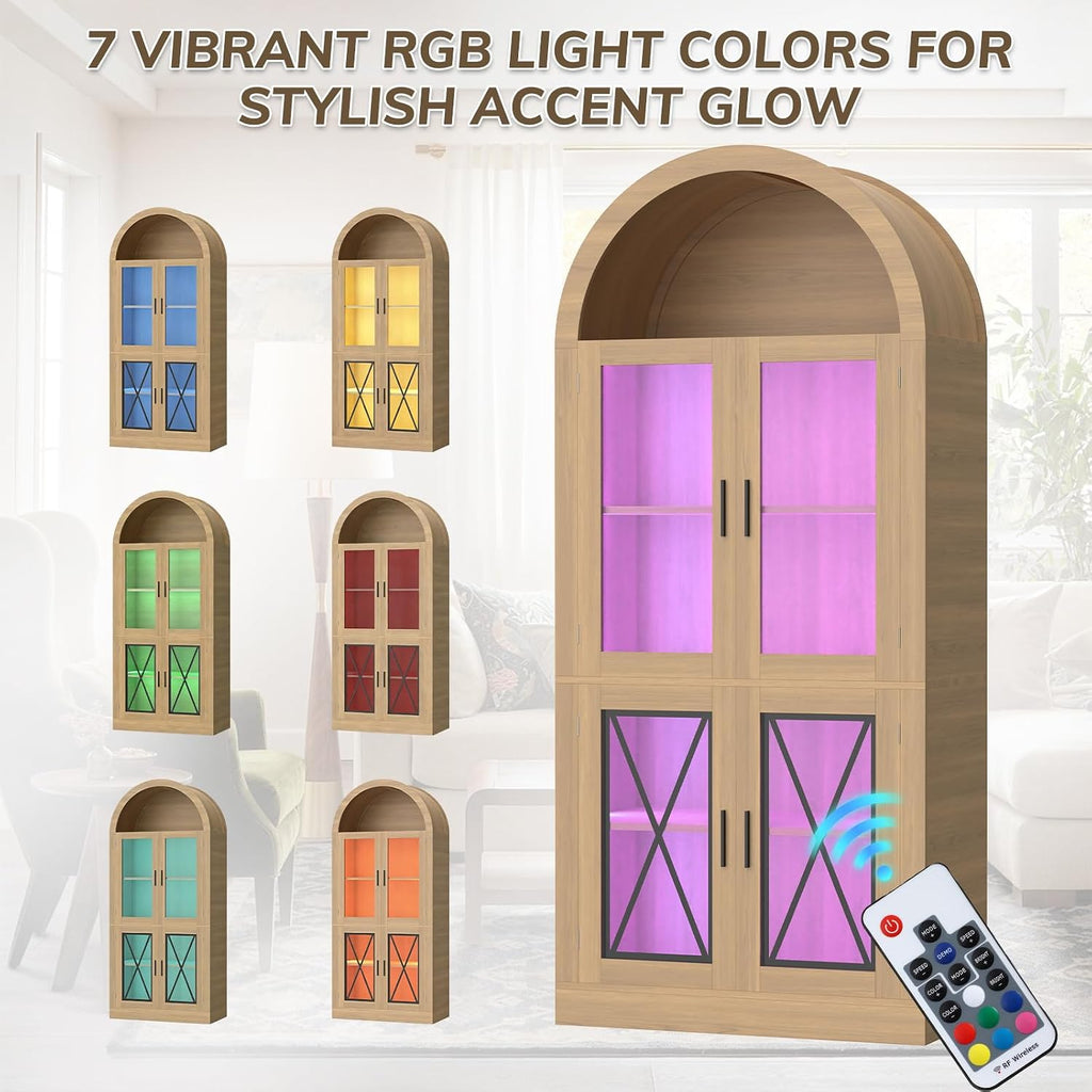 71” Tall Arched Kitchen Pantry with X-Pattern Glass Doors & RGB Lighting, Storage Cabinet Display Cabinet with Adjustable Shelves, Modern Pantry Cabinet for Kitchen, Living Room & Dining Room