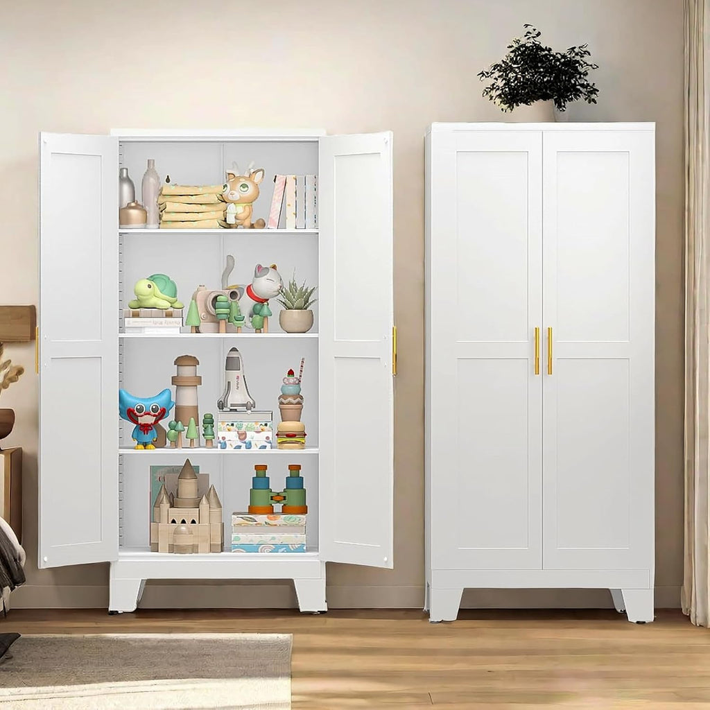 Metal Storage Cabinet with Doors and Shelves, 61" Tall Kitchen Pantry Storage Cabinet for Food, Large Freestanding Pantry Closet for Kitchen, Dining Room, Living Room (White)