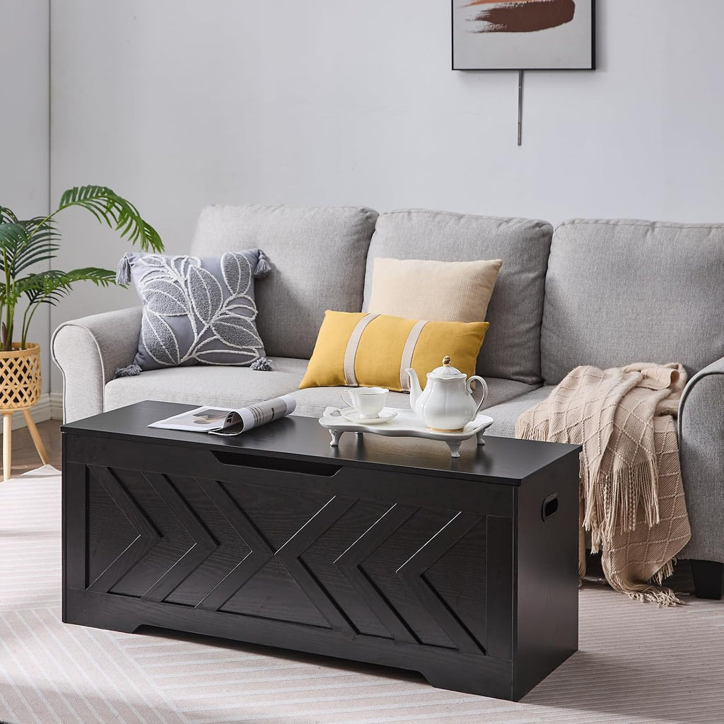 47.2” Storage Bench,Extra Large Wooden Storage Chest with 2 Safety Hinges,entryway Bench,Blanket Storage,Shoe Storage Bench for Entryway,Bedroom,Living Room,Easy Assembly-Black