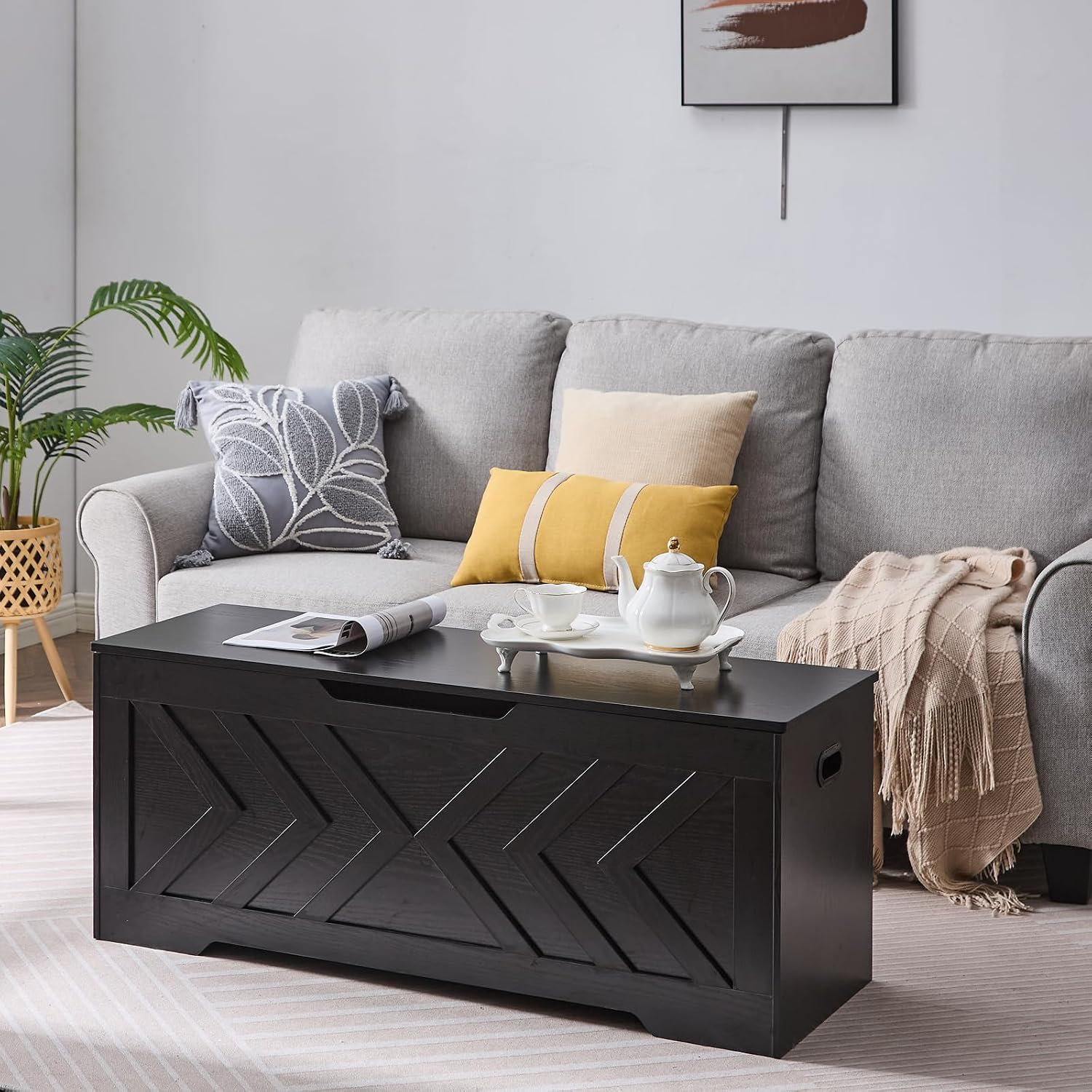 47.2” Storage Bench,Extra Large Wooden Storage Chest with 2 Safety Hinges,entryway Bench,Blanket Storage,Shoe Storage Bench for Entryway,Bedroom,Living Room,Easy Assembly-Black