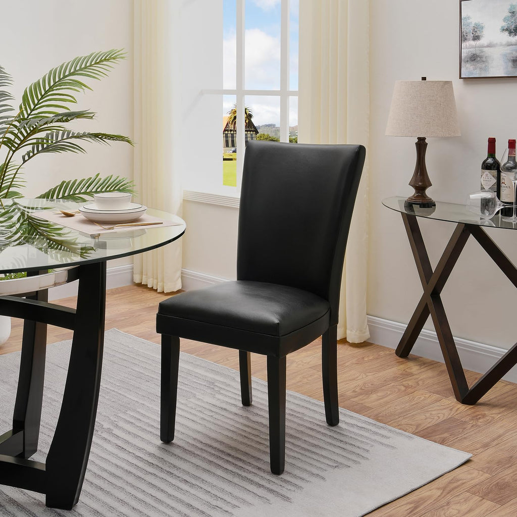 Set of 2 Black Dining Chairs, Modern Upholstered Parsons Chairs with Wooden Legs and Leather Finish, Ideal for Kitchen, Dining Room & Café