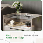 AMERLIFE 23.6" Nightstand Set of 2, Modern Bedside Table, Cream & Grey | High Gloss End Table, Night Stand with Charging Station, 2 Drawers & Open Shelf, Glass Top, Easy Assembly, Bedroom Storage