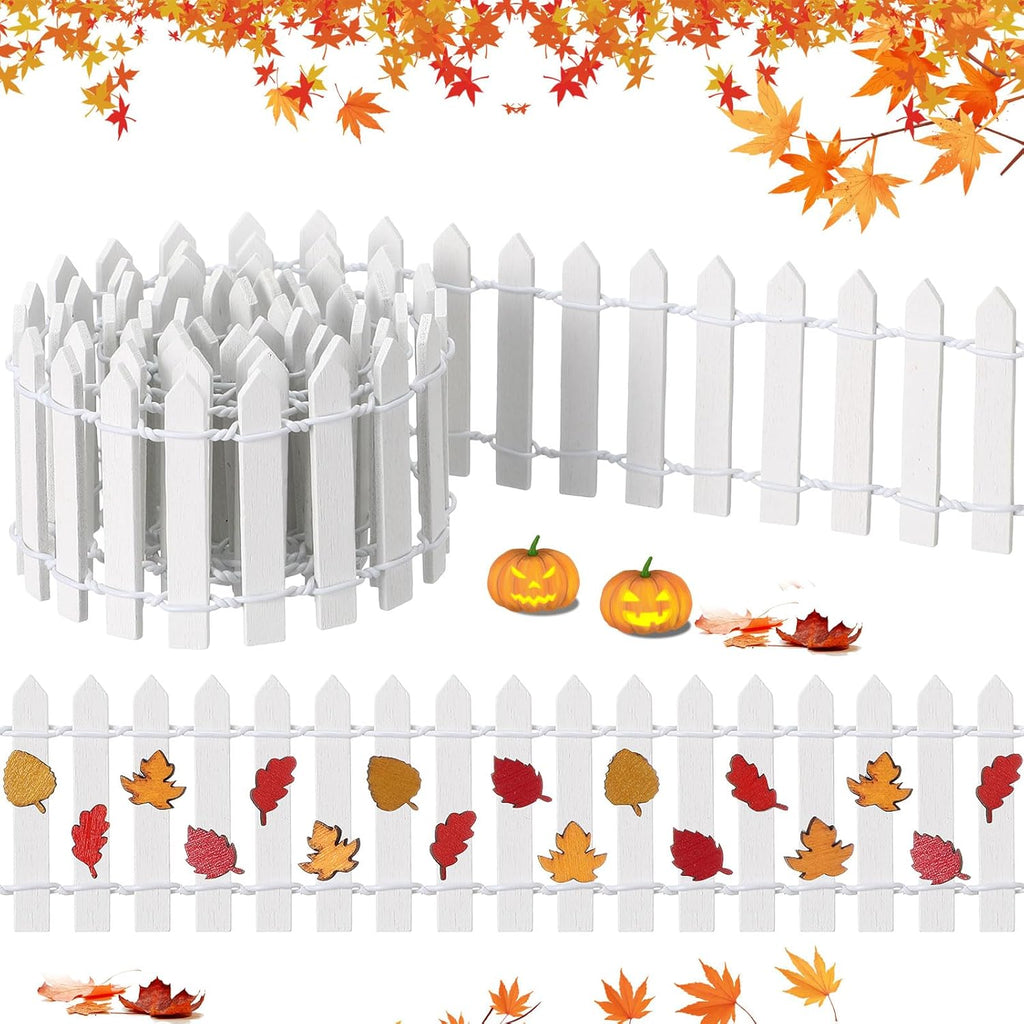 Thyle Thanksgiving DIY Mini Fairy Garden Fence Fall Wood Picket Crafts with 35 Inches Wood Picket Fence 100 Wooden Leaves and Glue for Autumn Centerpieces Thanksgiving Activity(White)