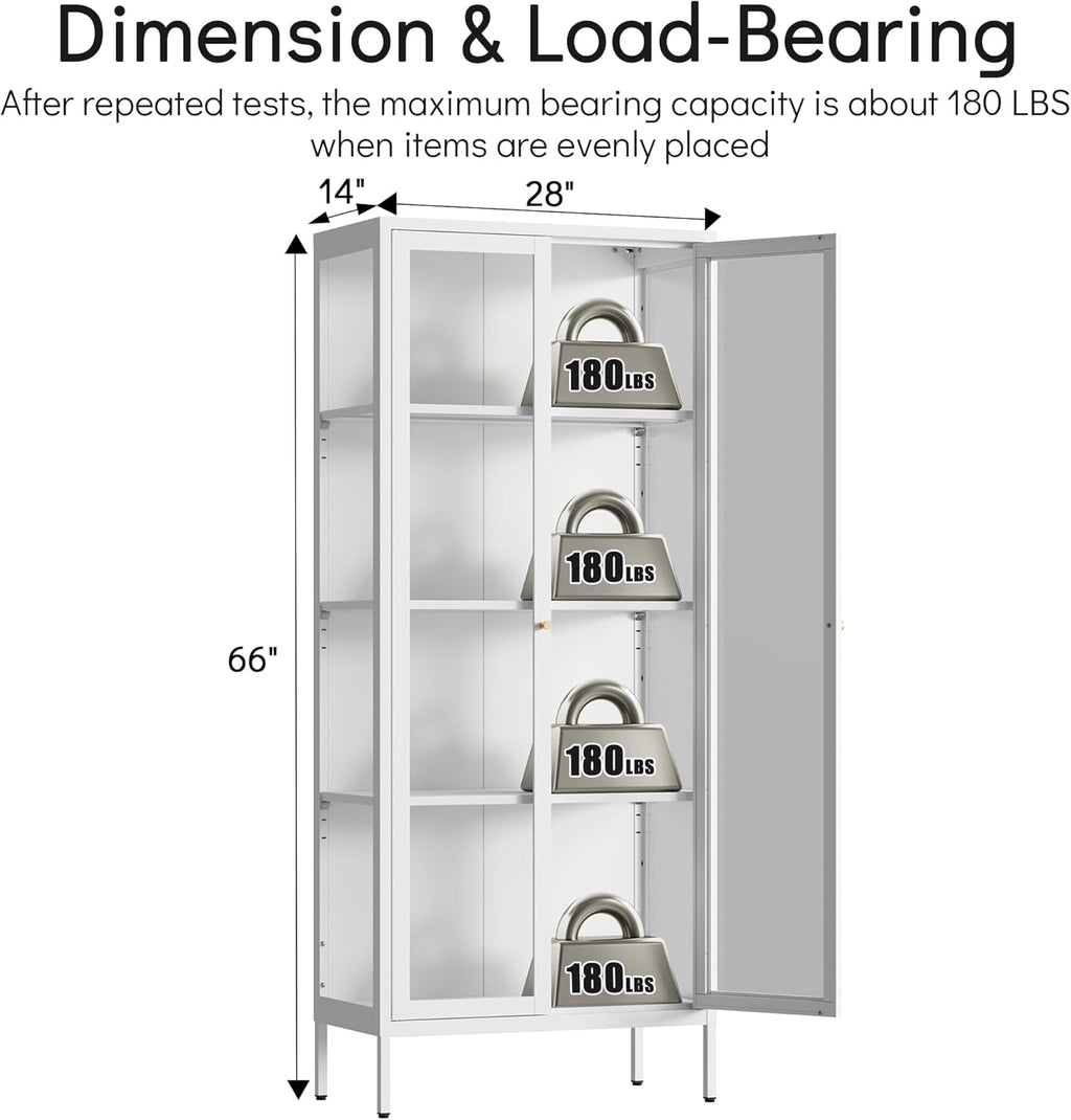 Polup Glass Display Cabinet with Glass Doors, White Curio Cabinet with 3 Side Tempered Glass, 66" Tall Bookcase Display Case for Collectibles, Metal Storage Cabinet for Living Room, Assemble Required