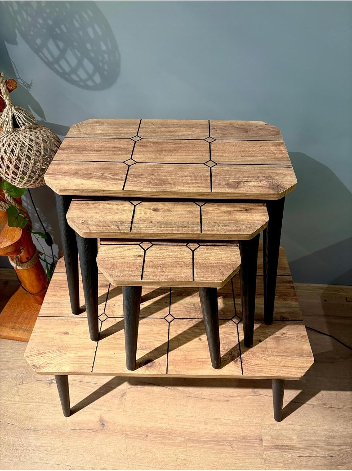 3-Piece Nesting Side Table Set with Central Coffee Table, Pine Wood Finish, Modern Scandinavian Style, Durable Chipboard Tops with PVC Edging, Easy Assembly, Living Room Furniture Set - Brown