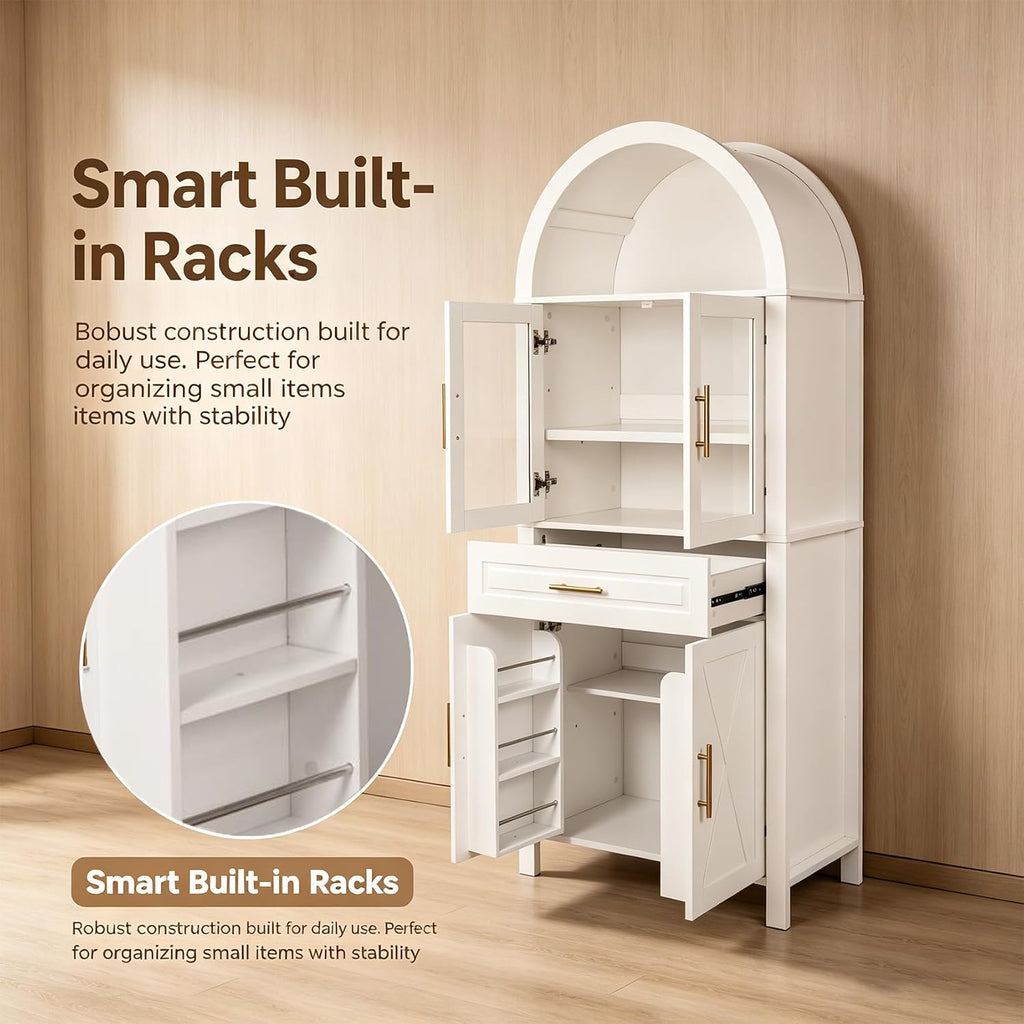 71" Tall Arched Kitchen Pantry Cabinet with Glass Doors - Farmhouse Storage Cabinet with Adjustable Shelves & Barn Door Design - Freestanding Cupboard for Kitchen, Dining & Living Room (White)