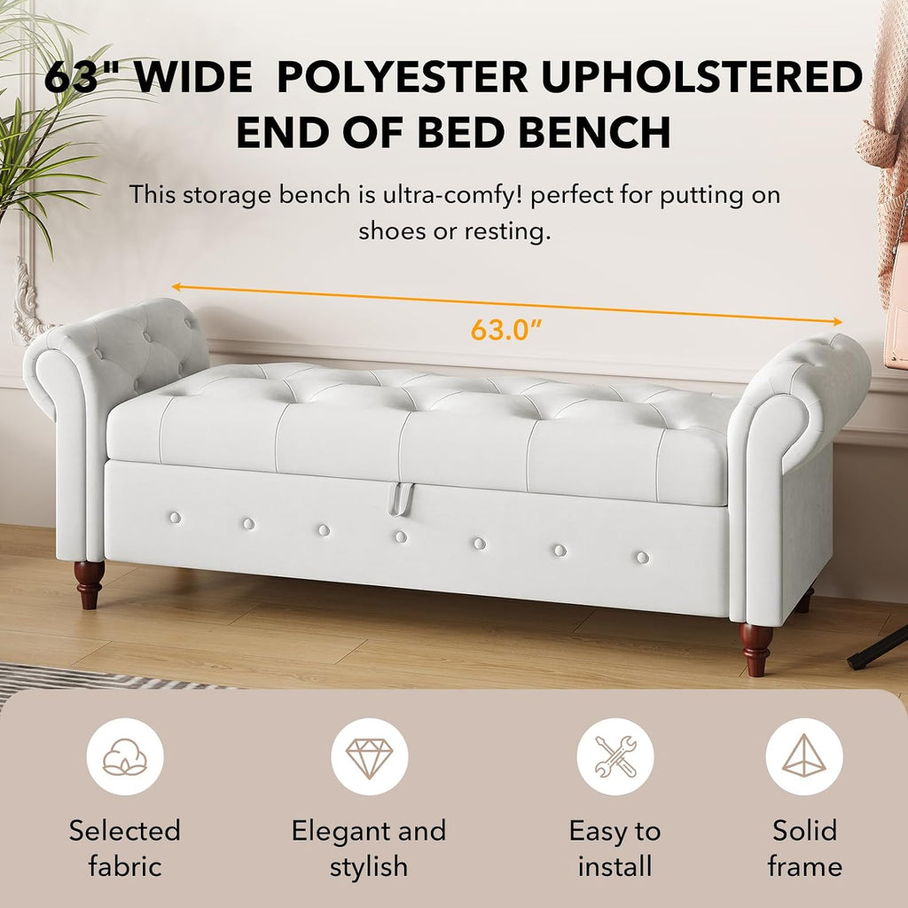63" Wide Storage Bench, Polyester Upholstered End of Bed Bench with Pull Ring Design, Storage Shoe Cabinet Bench with Rolled Arm, Modern Window Bench for Bedroom (Cream White)