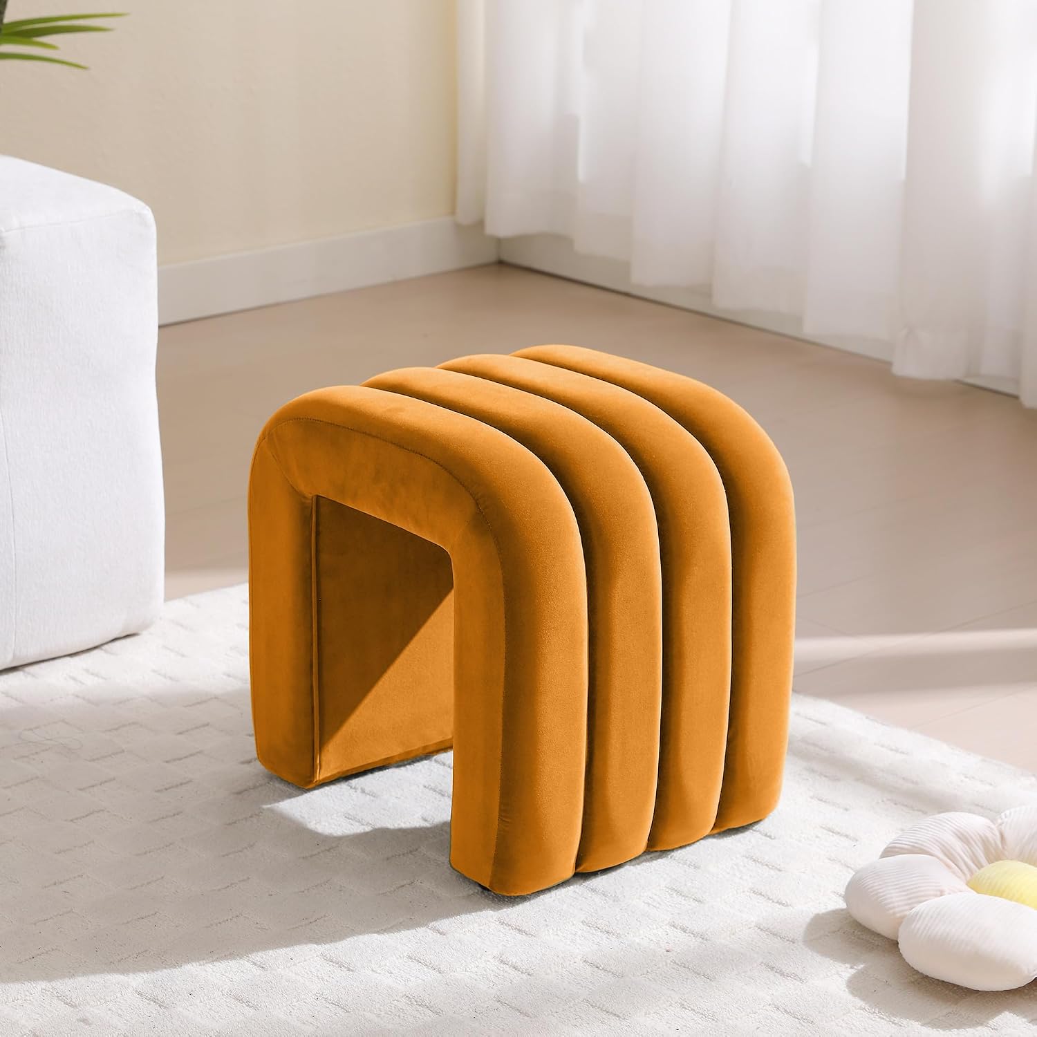 ONEVOG Velvet Pouf Ottoman, Small Ottoman Foot Rest for Couch, 18 Inch Cute Vanity Chairs for Makeup, Living Room Decorative, Sturdy Frame, Upholstered Modern Footrest for Bedroom, Dorm, Cognac