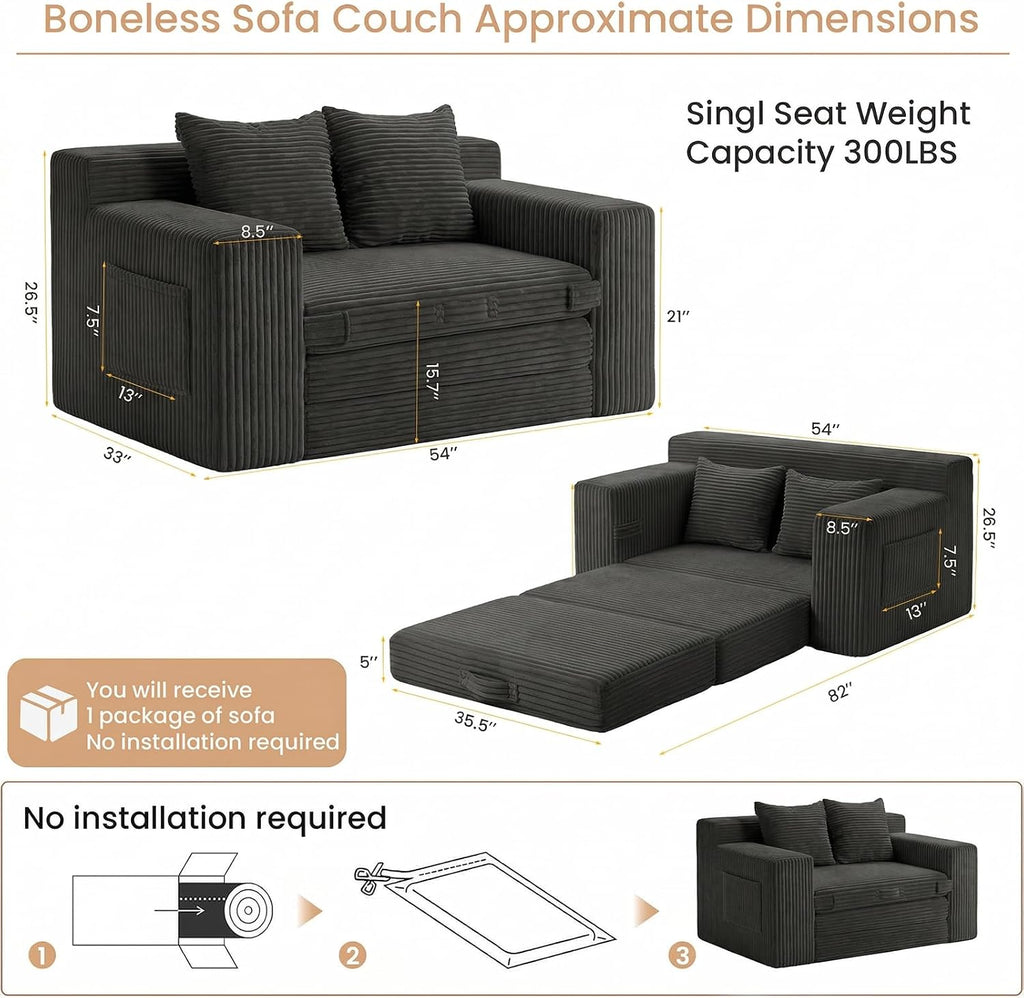 Loveseat Sofa Bed, Tri-Folding Convertible Futon Sleeper with Handle & Side Pockets, 54'' Couch with Hook and Loop No Assembly for Small Space,Living Room & Bedroom