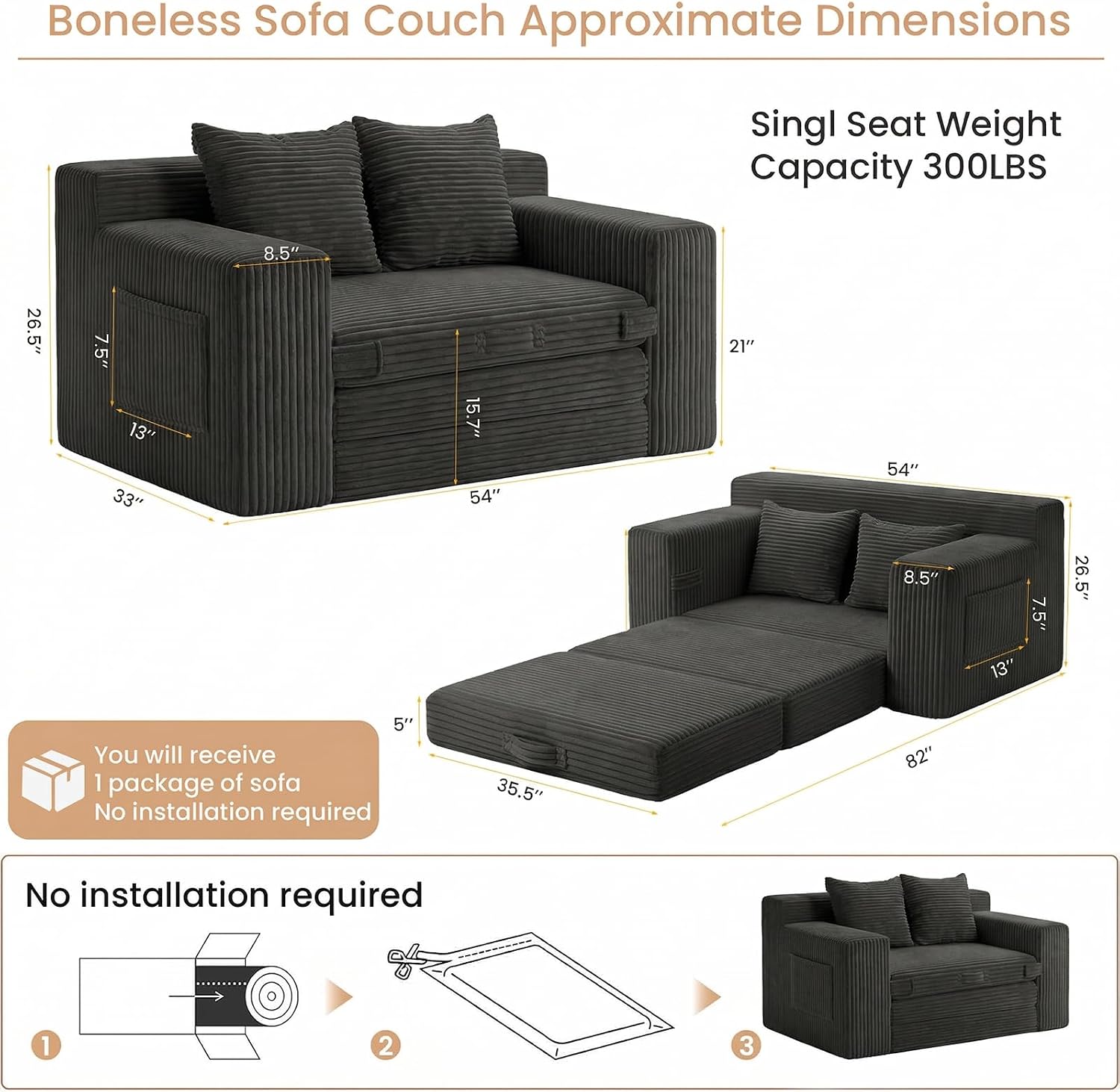 Loveseat Sofa Bed, Tri-Folding Convertible Futon Sleeper with Handle & Side Pockets, 54'' Couch with Hook and Loop No Assembly for Small Space,Living Room & Bedroom