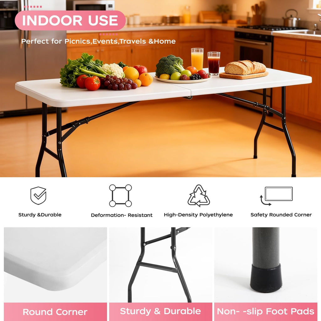 FDW | 8FT Folding Table | White | Portable Plastic Table | with Carry Handle | Waterproof & Foldable Table Design | Steel Frame with Lock | for Events, Camping, Indoor & Outdoor Use