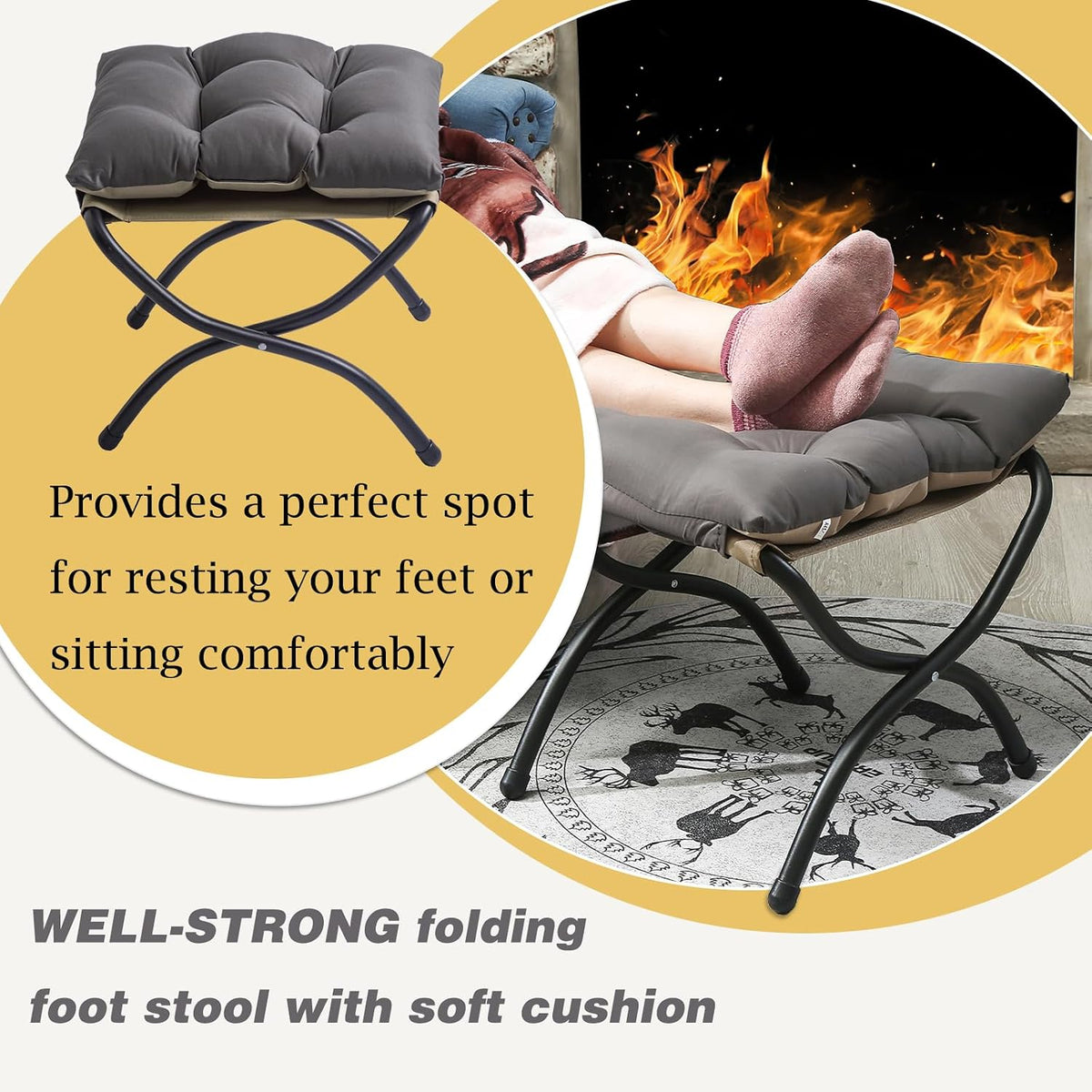 15" Upholstered Folding Foot Rest Stool with Foldable Metal Frame Dark Grey